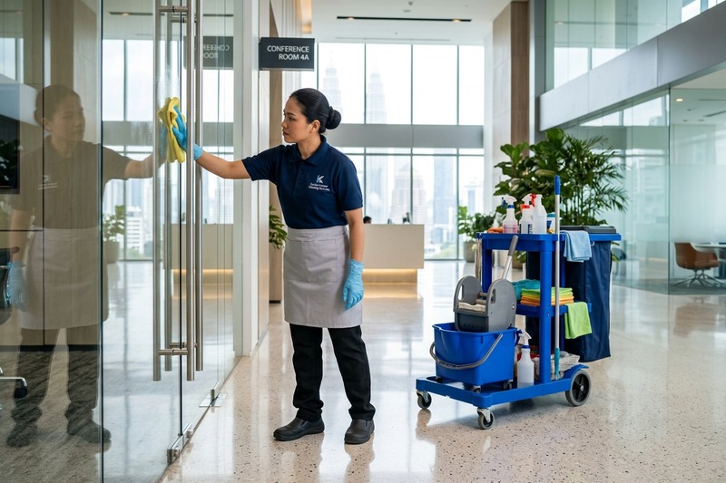 Trained cleaning operative servicing a commercial premises