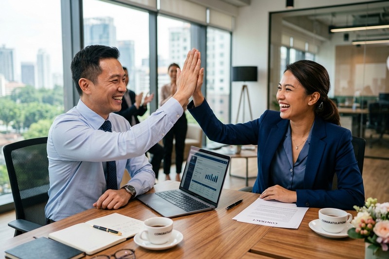 Two executives celebrating a successful senior appointment